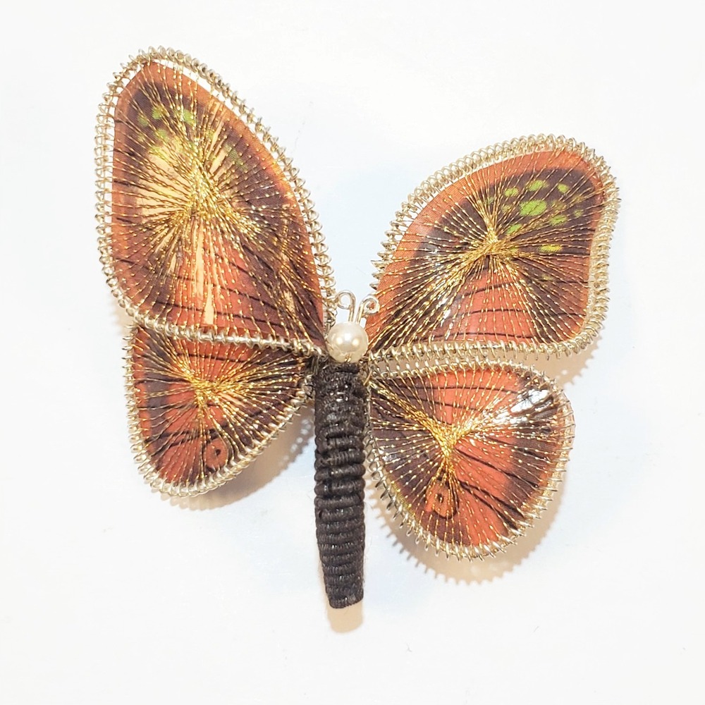 Vintage Wire Wrapped Butterfly Brooch Pin Gold & Multi-Color Thread Hand Crafted